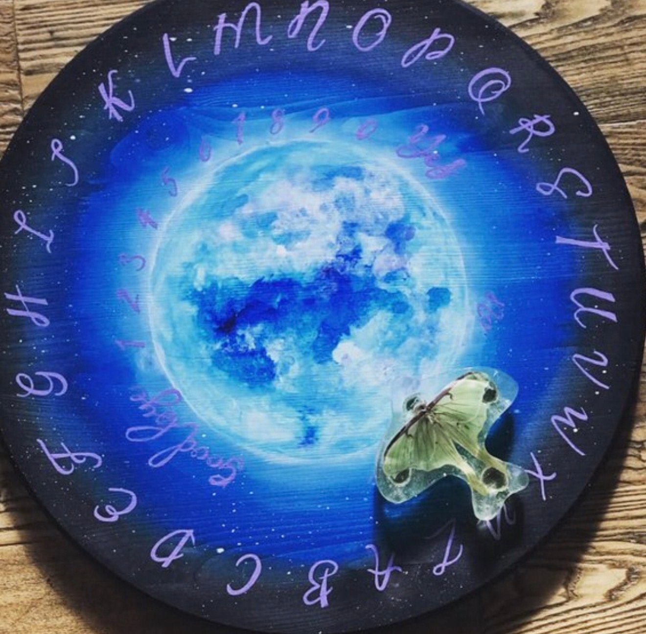 Blue moon spirit board with luna moth planchette by Loren Morris, Primitive Witchery